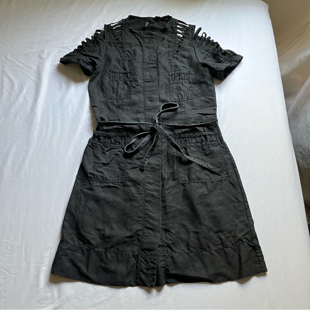 EDUN‎ black linen cutout detail leather belt short sleeve mini dress